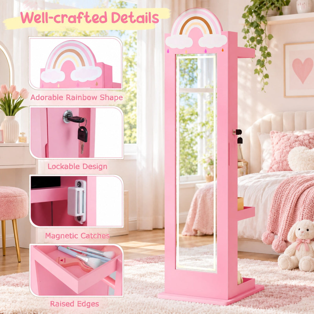 Airfind 3 In 1 Kids Jewelry Cabinet Freestanding Jewelry Armoire with 3-Color Lighted Mirror, MDF Glass Acrylic Frame, Pink