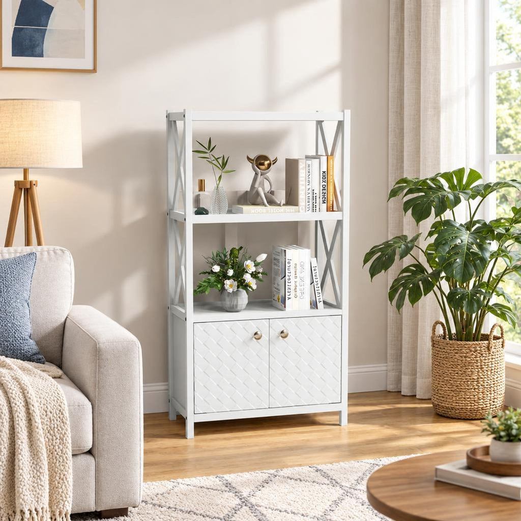 Airfind Bathroom Storage Cabinet, with Open Shelves and Double Doors, 88 lbs Capacity, Rubber Wood MDF Frame, 25 Inch x 12 Inch x 47 Inch Footprint, White