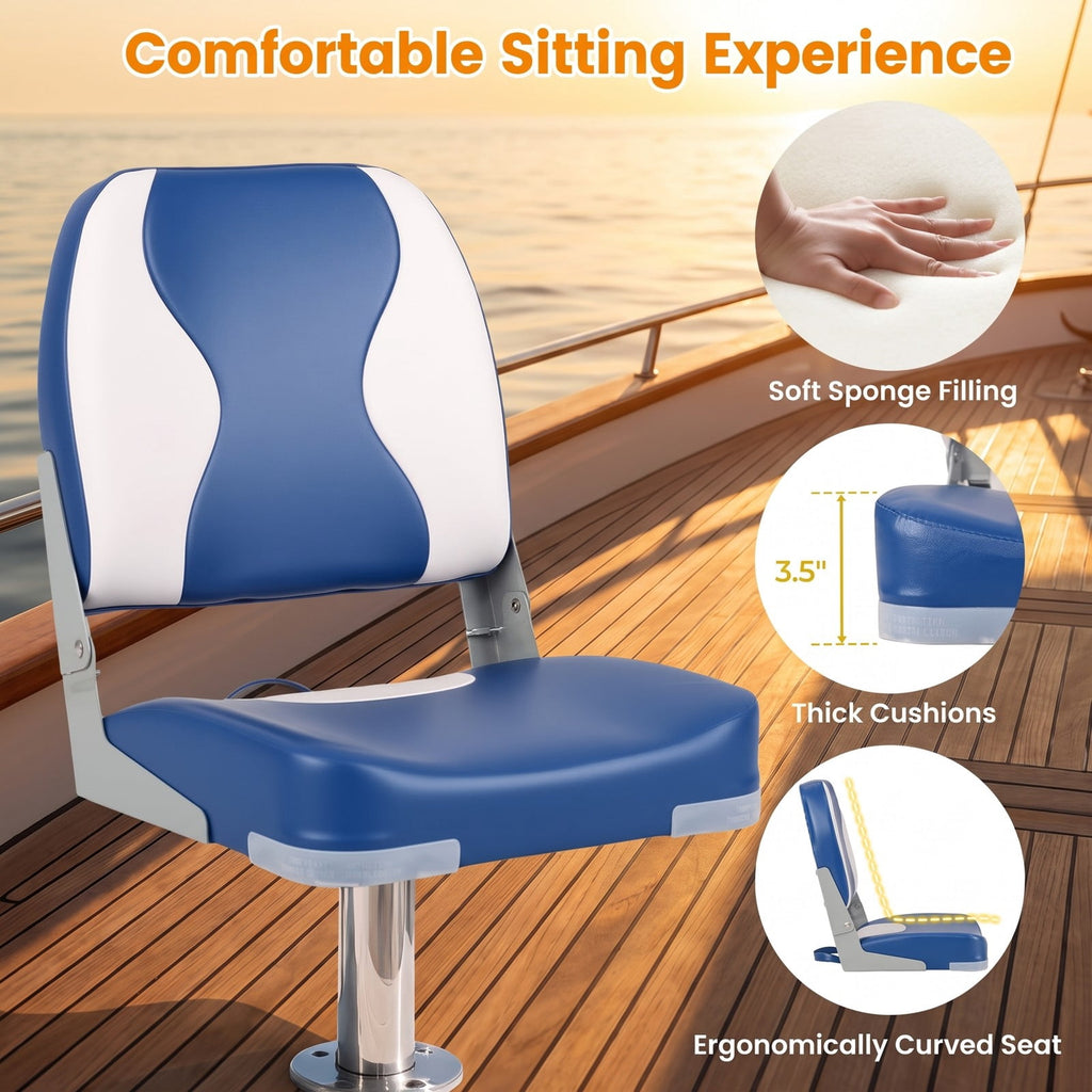 Airfind Folding Low Back Boat Seats 2 Pack with Thick Sponge Padding and Aluminum Hinges for Fishing and Cabin Boats, Blue and White