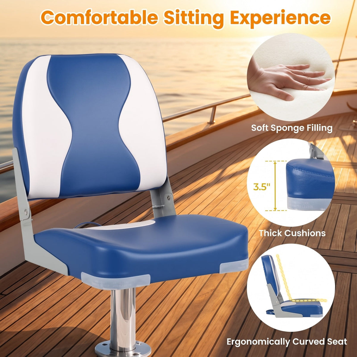 Airfind Folding Low Back Boat Seats 2 Pack with Thick Sponge Padding and Aluminum Hinges for Fishing and Cabin Boats, Blue and White