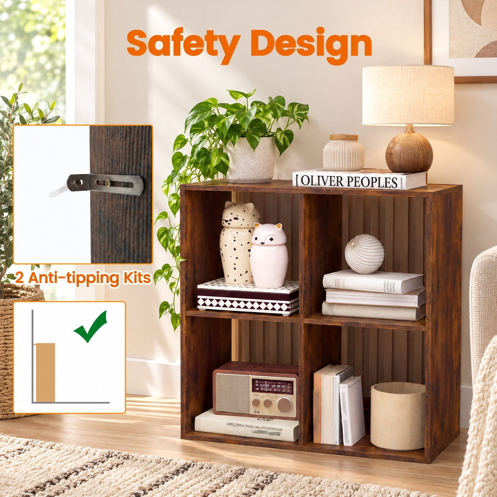 Airfind 4 Cube Bookshelf with Back Guardrail for Living Room Bedroom, 100 lbs Capacity, Engineered Wood Frame, 27.5 x 13 x 27.5 Footprint, Coffee