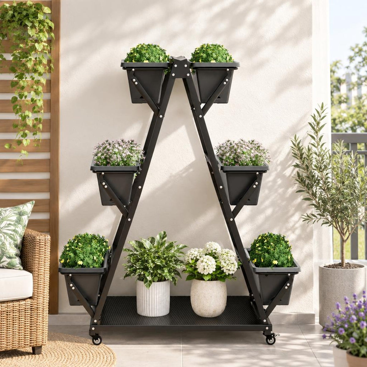 Airfind 3-Tier Vertical Raised Garden Bed with 4 Wheels and 6 Container Boxes, Carbon Steel PP Metal Frame, 38 x 23 x 47 Footprint, Black