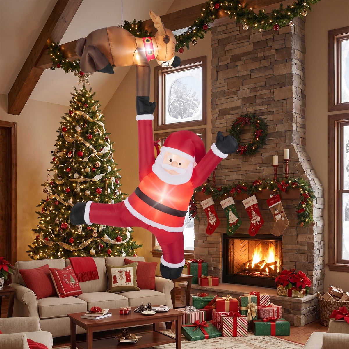 Airfind 8.5 Feet Christmas Inflatable Reindeer and Climbing Santa Claus with Built, Polyester Fabric Frame, 4.6 ft x 3.3 ft x 8.5 ft Footprint