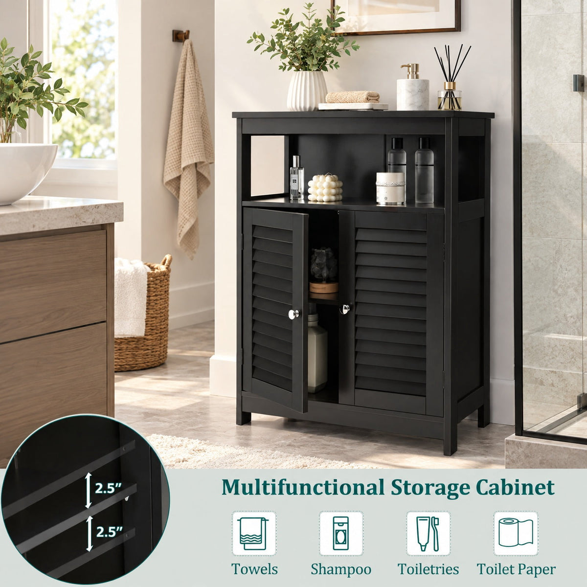 Airfind Wood Freestanding Bathroom Storage Cabinet with Double Shutter Door, 77 lbs Capacity, P2 MDF Frame, 23.5in x 12in x 31.5in Footprint, Black