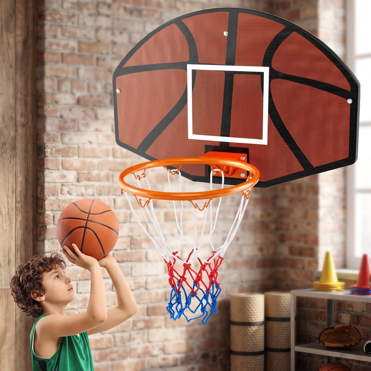 Airfind Wall-Mounted Mini Basketball Hoop with Large Shatterproof Backboard, Indoor Outdoor Basketball Game Set with Metal Rim and Anti-Tear Net for Kids, Black Red