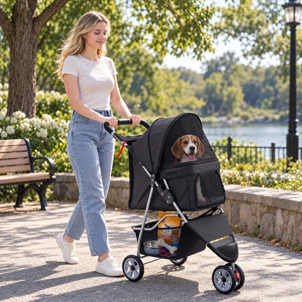 Airfind 3 Wheel Pet Stroller for Small Dogs Cats up to 33 LBS, 33 lbs Capacity, 300D Oxford Cloth Metal Mesh Sponge PU PP Frame, Black
