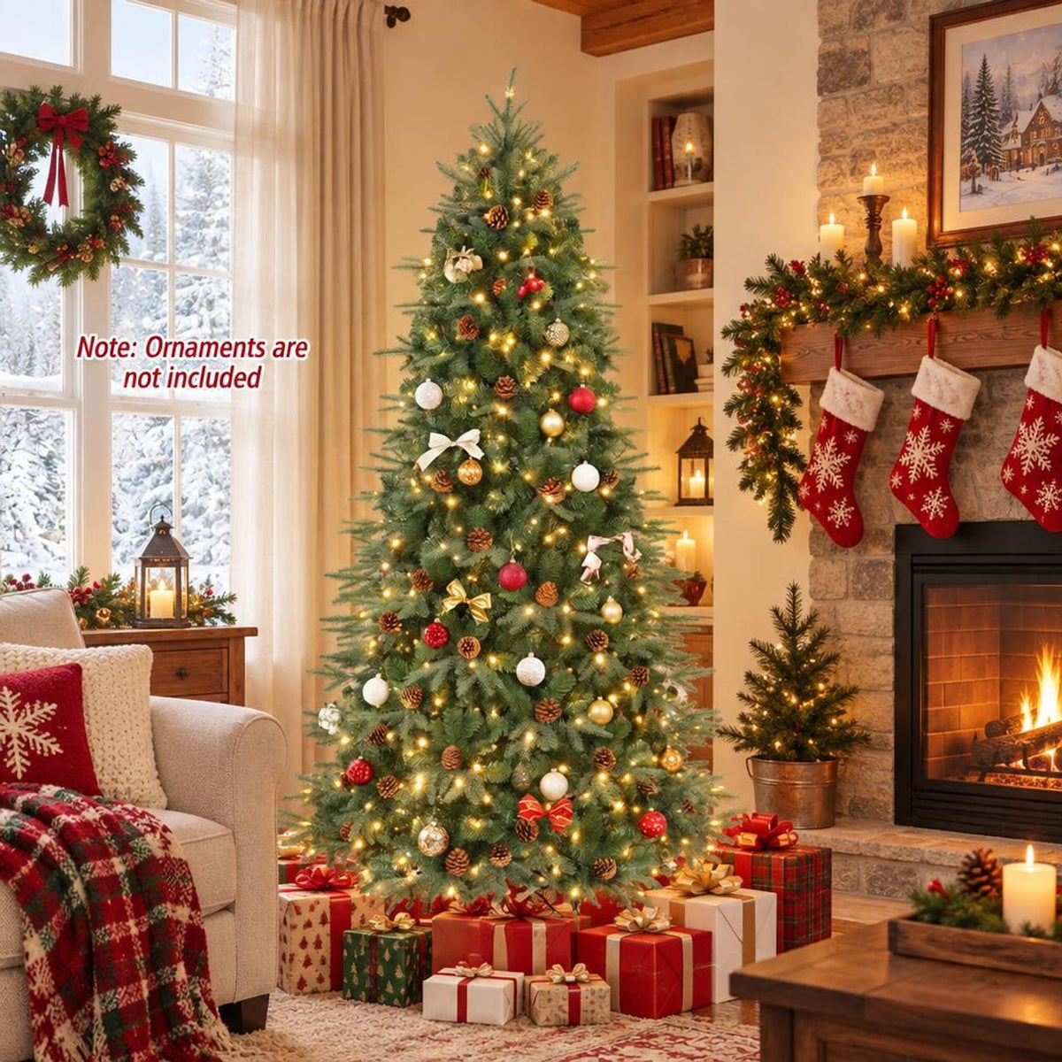 Airfind 7 ft Pre-Lit Artificial Christmas Tree with 460 Warm White LED Lights, 61 Pine Cones, 925 Branch Tips and Folding Metal Stand, Green