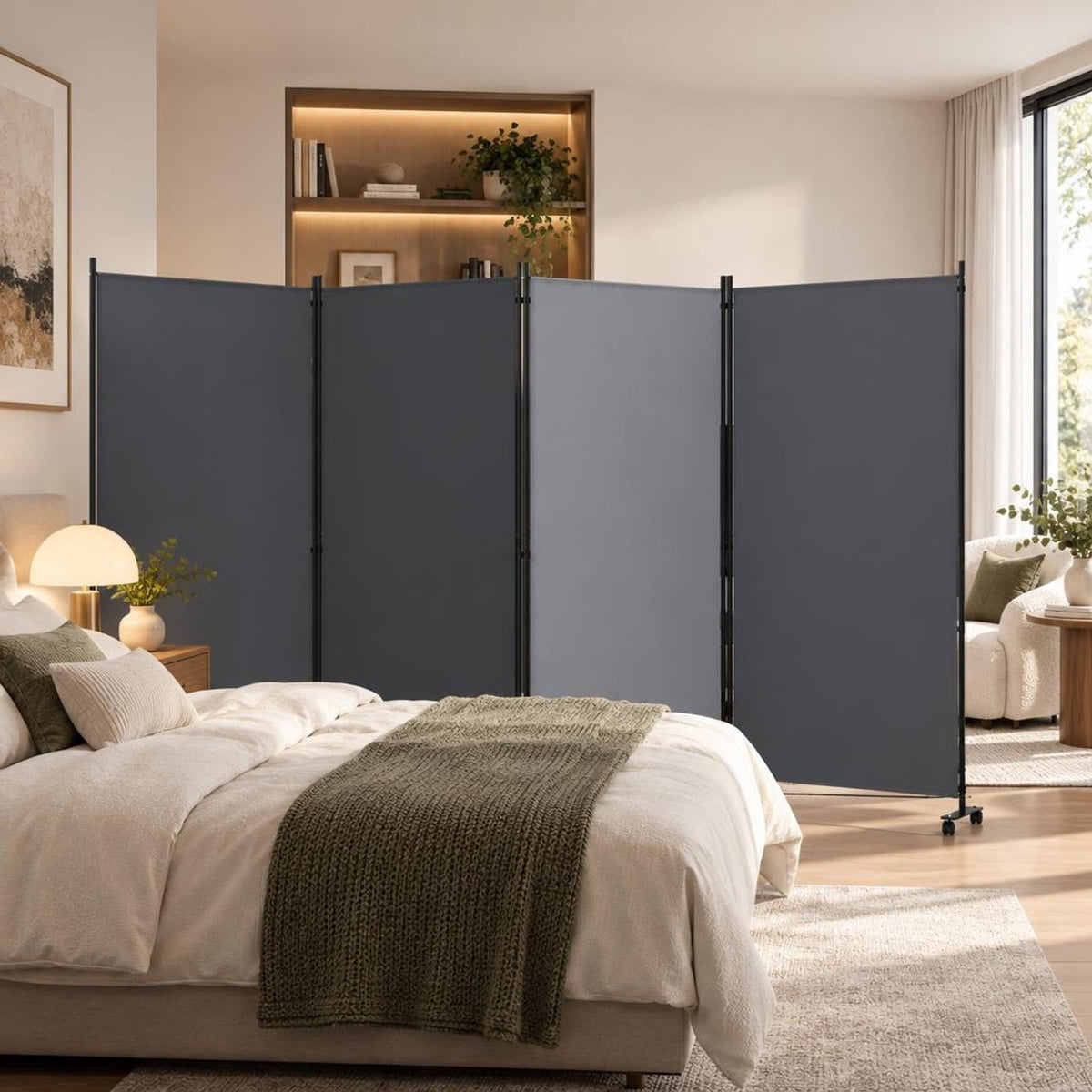 Airfind 4 Panel Folding Privacy Screen Room Divider with Wheels, Polyester Fabric Metal PP Frame, 137 x 12 x 71.5 Footprint, Grey