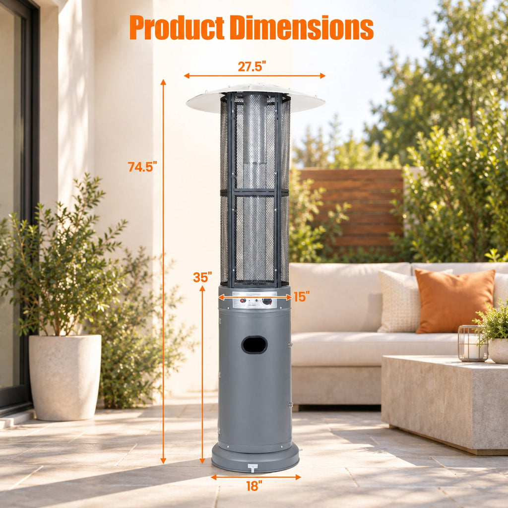 Airfind Outdoor Propane Patio Heater with Glass Tube and Tilt-Over Protection, Metal Frame, 27.5in x 74.5in Footprint, Gray