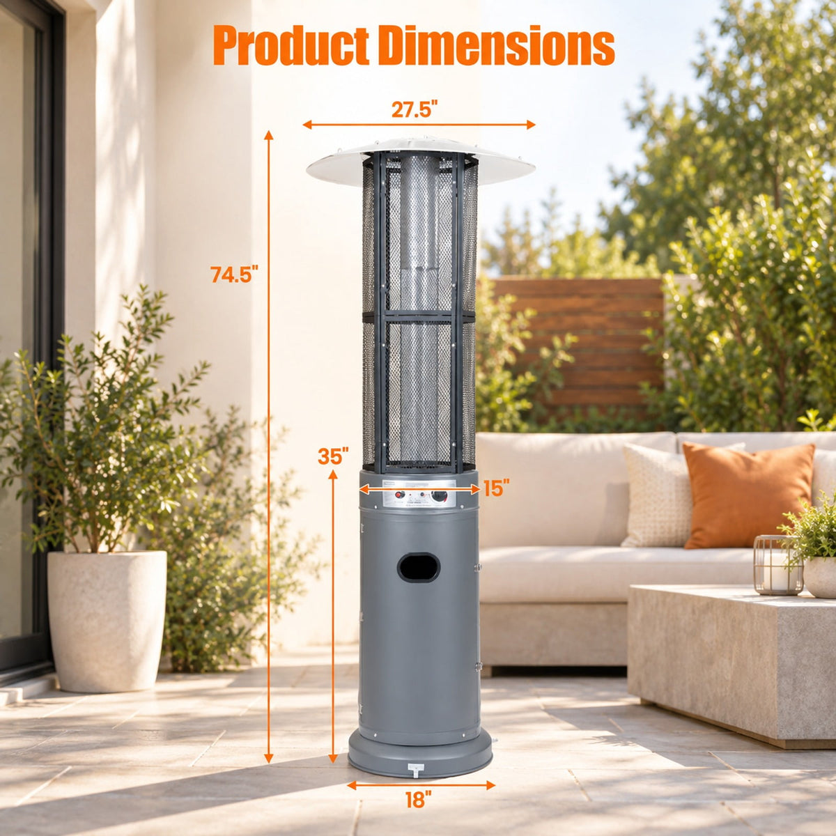 Airfind Outdoor Propane Patio Heater with Glass Tube and Tilt-Over Protection, Metal Frame, 27.5in x 74.5in Footprint, Gray