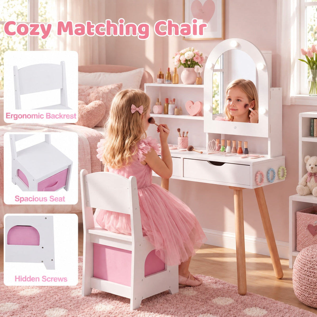 Airfind Kids Vanity Set Pretend Play Dressing Table Set with 3-Color Lighting Modes and Mirror Cabinet, 44 lbs Capacity, MDF Frame, White