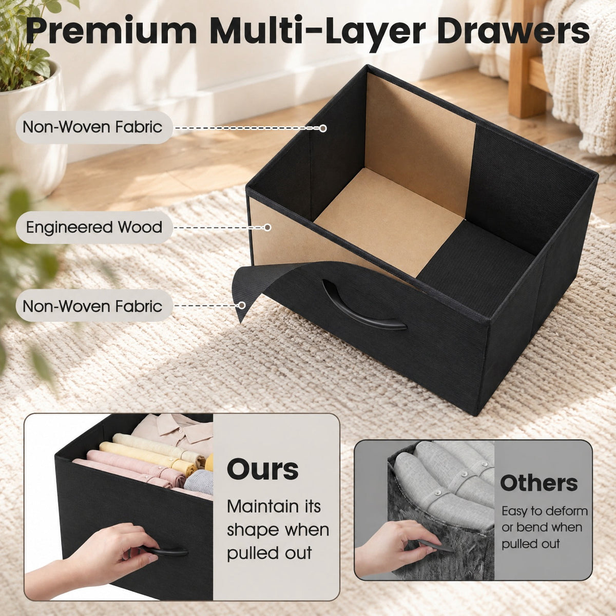 Airfind Dresser Nightstand with 5 Roomy Fabric Drawers for Bedroom, 130 lbs Capacity, Metal Engineered Wood Non-Woven Fabric Frame, Black