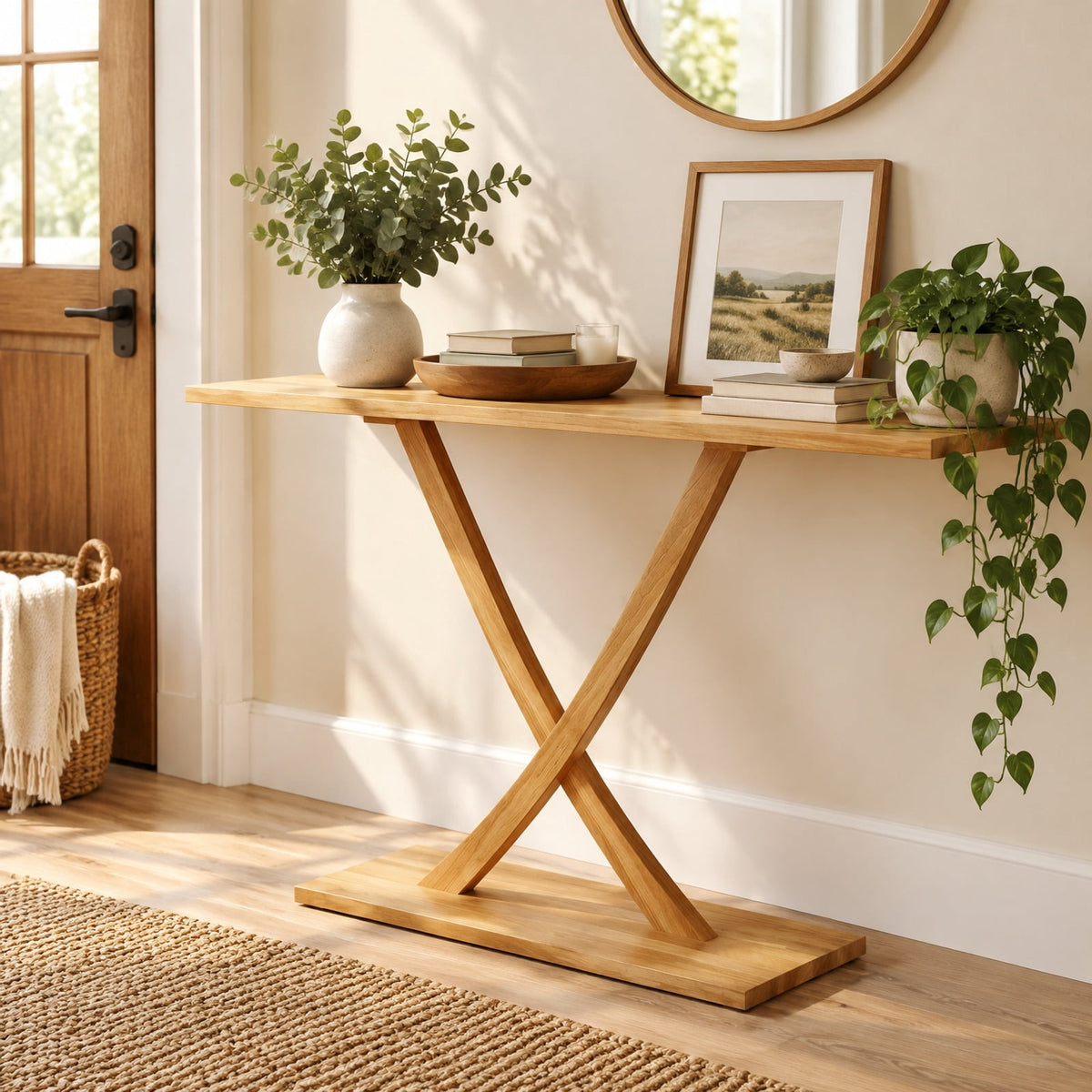 Airfind 57 Inch Solid Wood Console Table with Teak Wood Frame and Geometric Design, 110 lbs Capacity, Teak Wood Frame, 57 x 12 x 32 Footprint