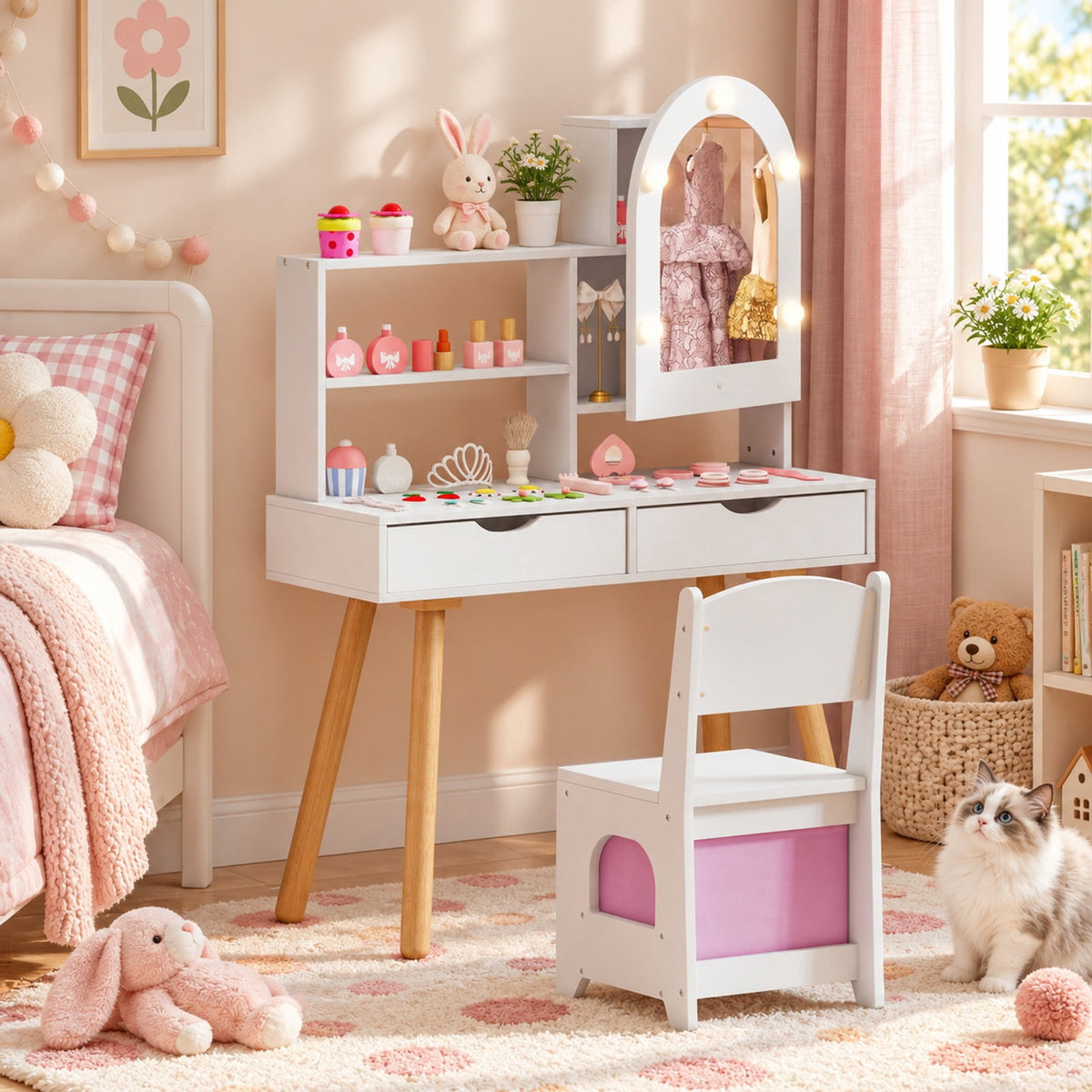 Airfind Kids Vanity Set Pretend Play Dressing Table Set with 3-Color Lighting Modes Adjustable Brightness and Mirror Cabinet, 44 lbs Capacity, White