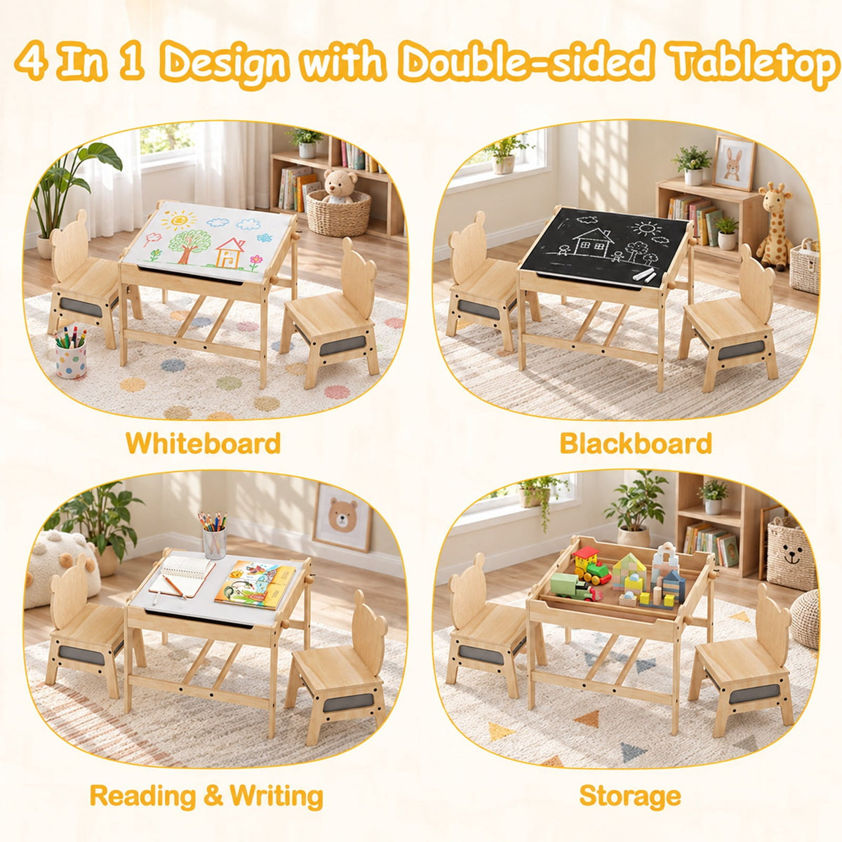 Airfind Kids Table and Chairs Set with Reversible Whiteboard-Panda, 165 lbs Capacity, for 3+ Years Old, Natural