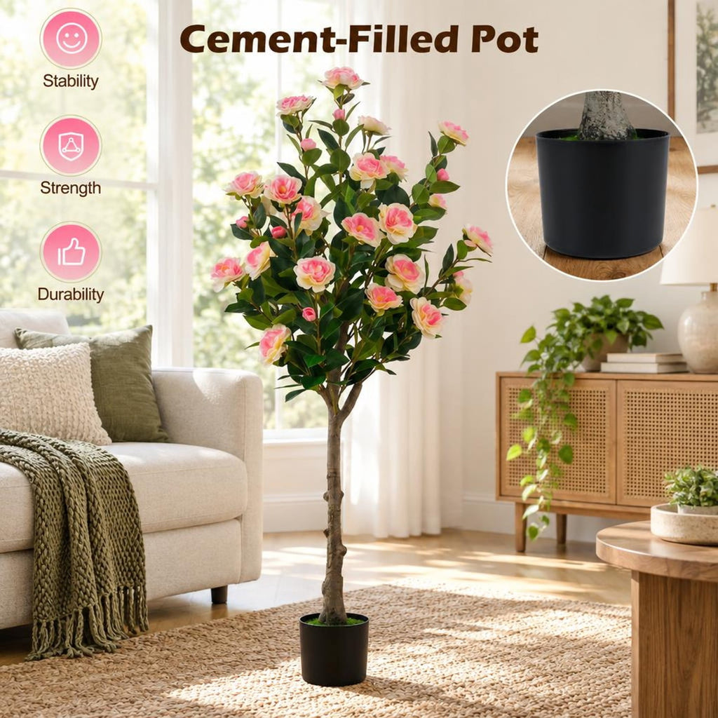 Airfind Artificial Camellia Tree with 27 Blossoms in Cement Pot for Home-Set of 1, Pink Green Black