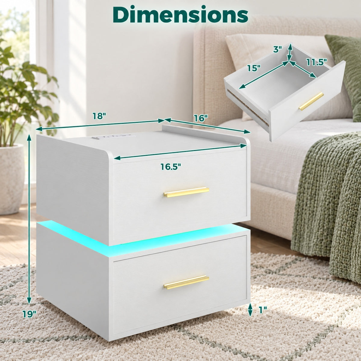 Airfind Nightstand with Charging Station LED Bedside Table with 2 Storage Drawers, 77 lbs Capacity, Engineered Wood MDF Metal Frame, White
