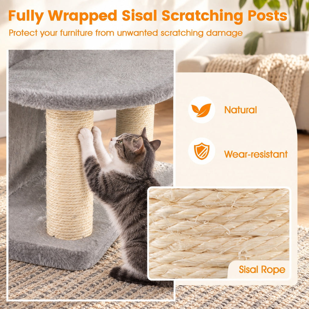 Airfind 48.5 inch Cat Tree with 2-story Condo and 3 Hideaway Caves for Large Cats, Engineered Wood Sisal MDF Plush Fabric Frame, Gray