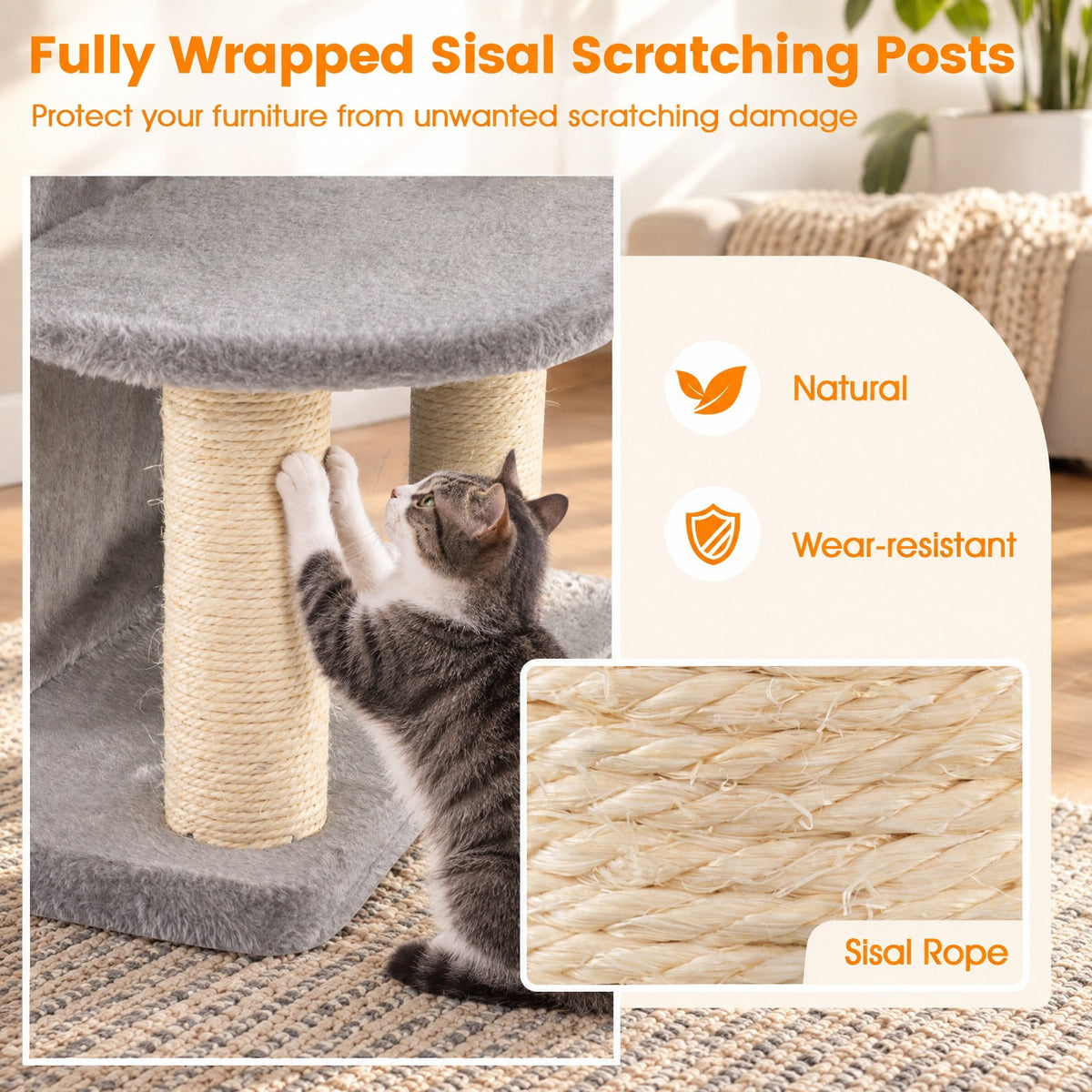 Airfind 48.5 inch Cat Tree with 2-story Condo and 3 Hideaway Caves for Large Cats, Engineered Wood Sisal MDF Plush Fabric Frame, Gray