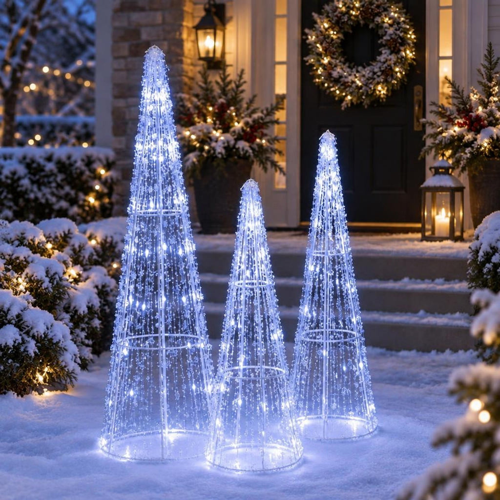 Airfind Set of 3 Pre-lit Christmas Cone Trees with Star Strings for Christmas-Cold White, Metal PS PVC Large Tree Frame, White