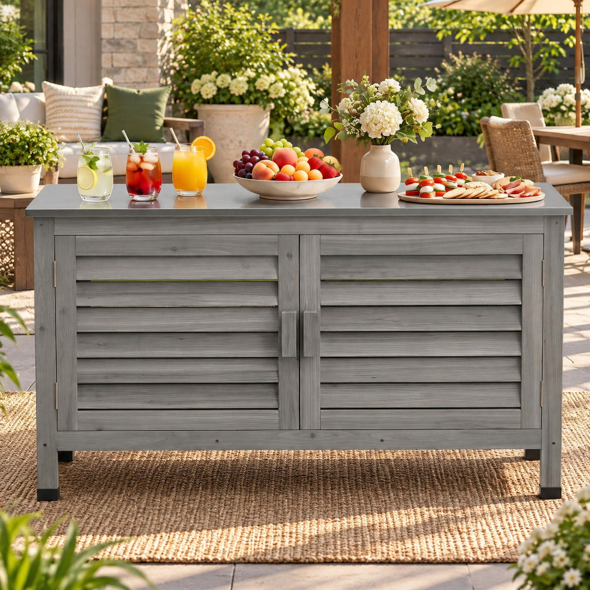 Airfind Patio Storage Cabinet with Stainless Steel Countertop and L-Shaped Shelf for Garden, 66 lbs Capacity, Fir Wood Stainless Steel Rubber Frame