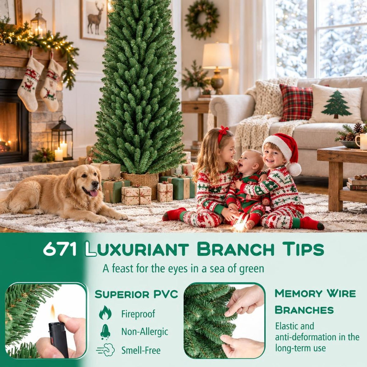 Airfind 8 Feet Pencil Christmas Tree with 671 Memory Wire Branch Tips and Upgraded Metal Stand, PVC Metal Frame, Green