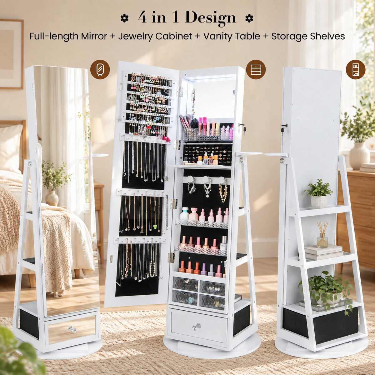 Airfind Lockable 360° Swivel Jewelry Cabinet with Full-Length Mirror LED Lights, MDF Glass Acrylic Frame, 22 Inch x 64.5 Inch External Footprint, White