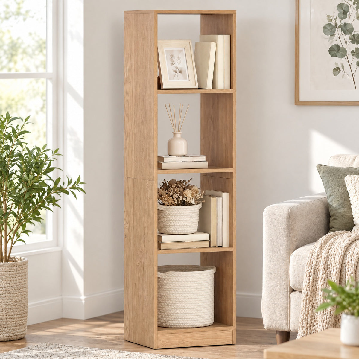 Airfind 5 Tiers 4-Cube Narrow Bookshelf with 4 Anti-Tipping Kits, 165 lbs Capacity, Engineered Wood Frame, 15 x 13 x 56 Footprint, Natural