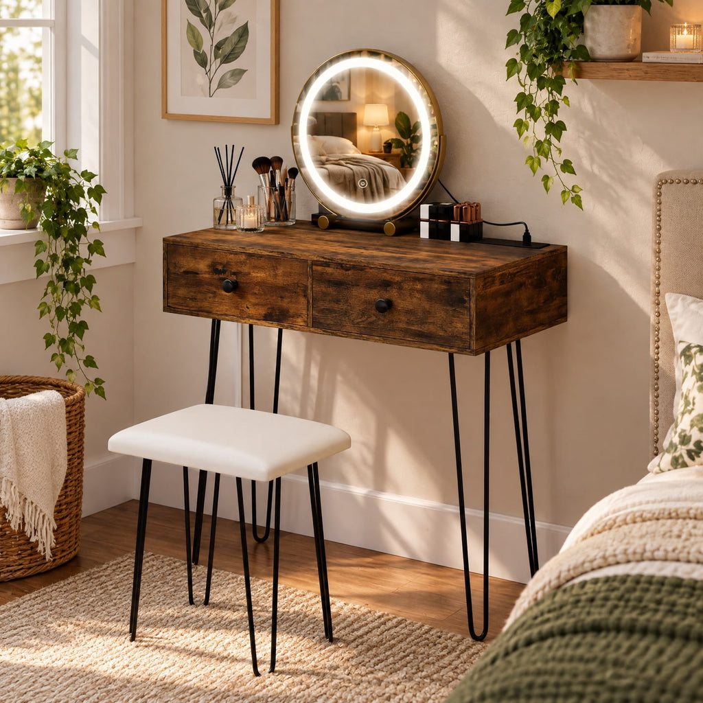 Airfind Vanity Desk with with Lighted Adjustable Mirror for Bedroom, 66 lbs Capacity, MDF Frame, 31.5 Inch x 16 Inch x 30 Inch Footprint, Brown