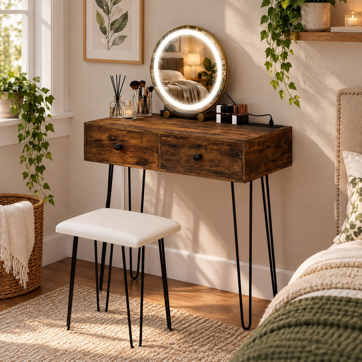 Airfind Vanity Desk with with Lighted Adjustable Mirror for Bedroom, 66 lbs Capacity, MDF Frame, 31.5 Inch x 16 Inch x 30 Inch Footprint, Brown