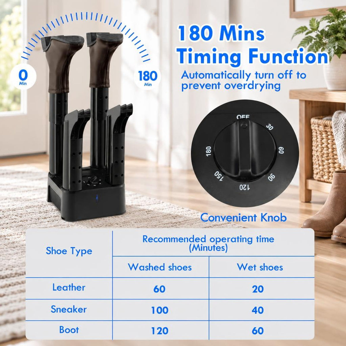 Airfind Prevent Odor Mold and Bacteria 4 Shoe Electric Dryer with Timer, 9 Inch x 9 Inch x 23 Inch Rated Footprint, Why Wait for Such an Essential Device, Black