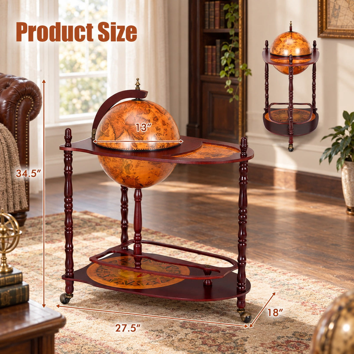 Airfind Vintage Globe Rolling Wine Bar Cart with Extra Shelf, Wood， plastic globe Assembly Frame, Brand new and high quality