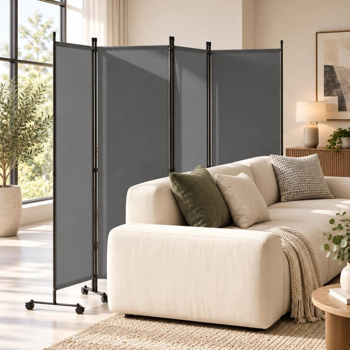 Airfind 4-Panel Room Divider with Lockable Wheels for Living Room, Polyester Fabric Metal Frame, 87in x 14in x 68in Footprint, Gray