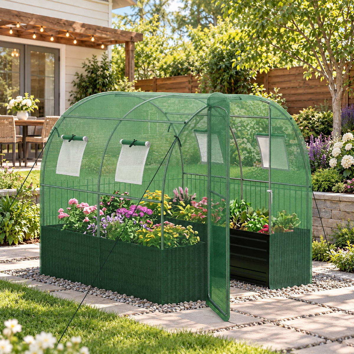 Airfind 80 x 79 x 79 Inches Walk-in Greenhouse with Large Plant Bed, Green, 4 side mesh windows keep small pests away
