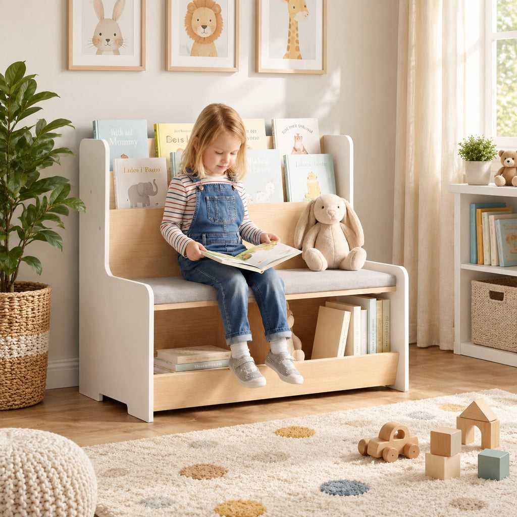 Airfind Kids Reading Nook with Bench Bookshelf and 2 Cubbies, 132 lbs Capacity, MDF Fabric Sponge Frame, White