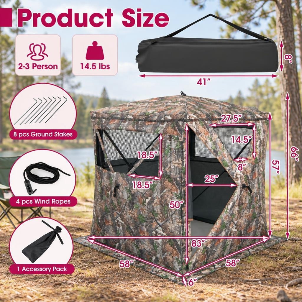 Airfind 2, 3 Person Hunting Blind Portable Pop Up Ground Tent with Carry Bag and Storage Pocket, Setup without tools and take down in seconds