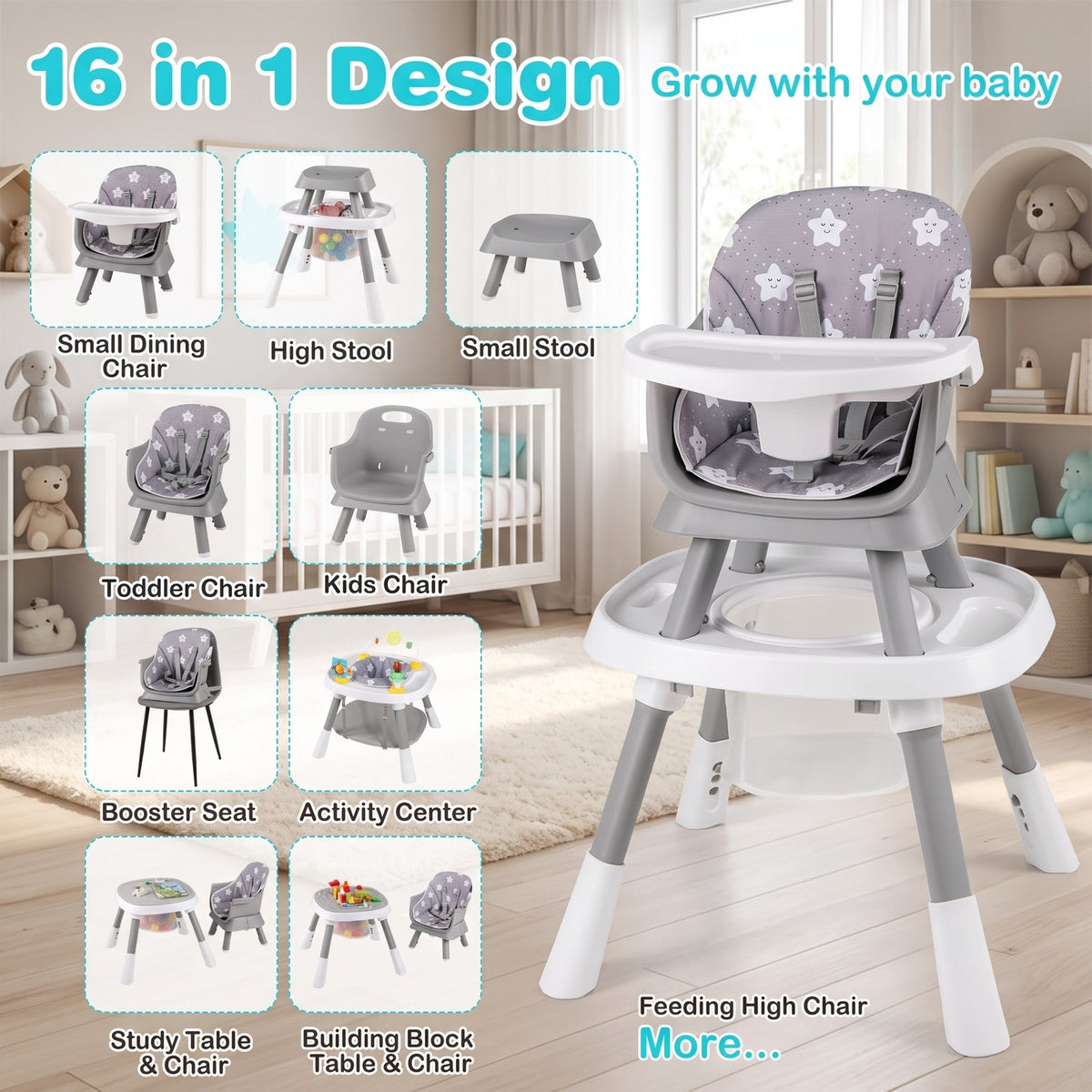 Airfind 16-in-1 Baby High Chair with Activity Center and Booster Seat for Babies and Toddlers, 44 lbs Capacity, Metal Frame, Grey