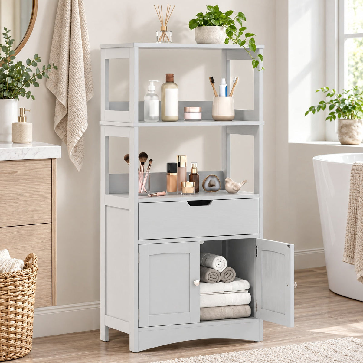 Airfind Bathroom Storage Cabinet with Drawer and Shelf Floor Cabinet, 20 lbs Capacity, MDF PB Frame, Gray