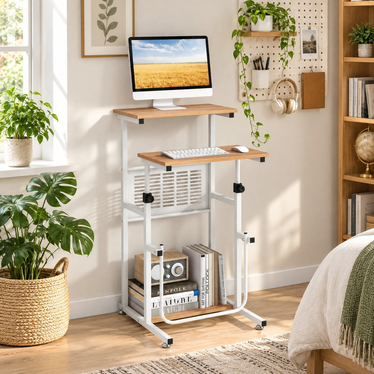 Airfind Standing Desk for Small Space Sit Stand Desk with Height Adjustable Desktop, Engineered wood Frame, 22 x 21 x Footprint, Oak