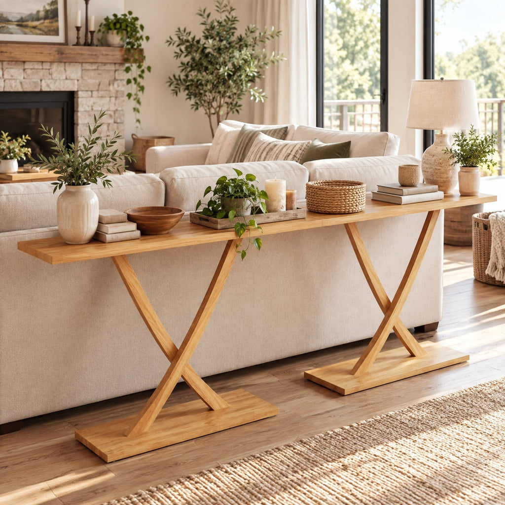 Airfind 57 Inch Solid Wood Console Table with Teak Wood Frame and Geometric Design, 110 lbs Capacity, Teak Wood Frame, 57 x 12 x 32 Footprint