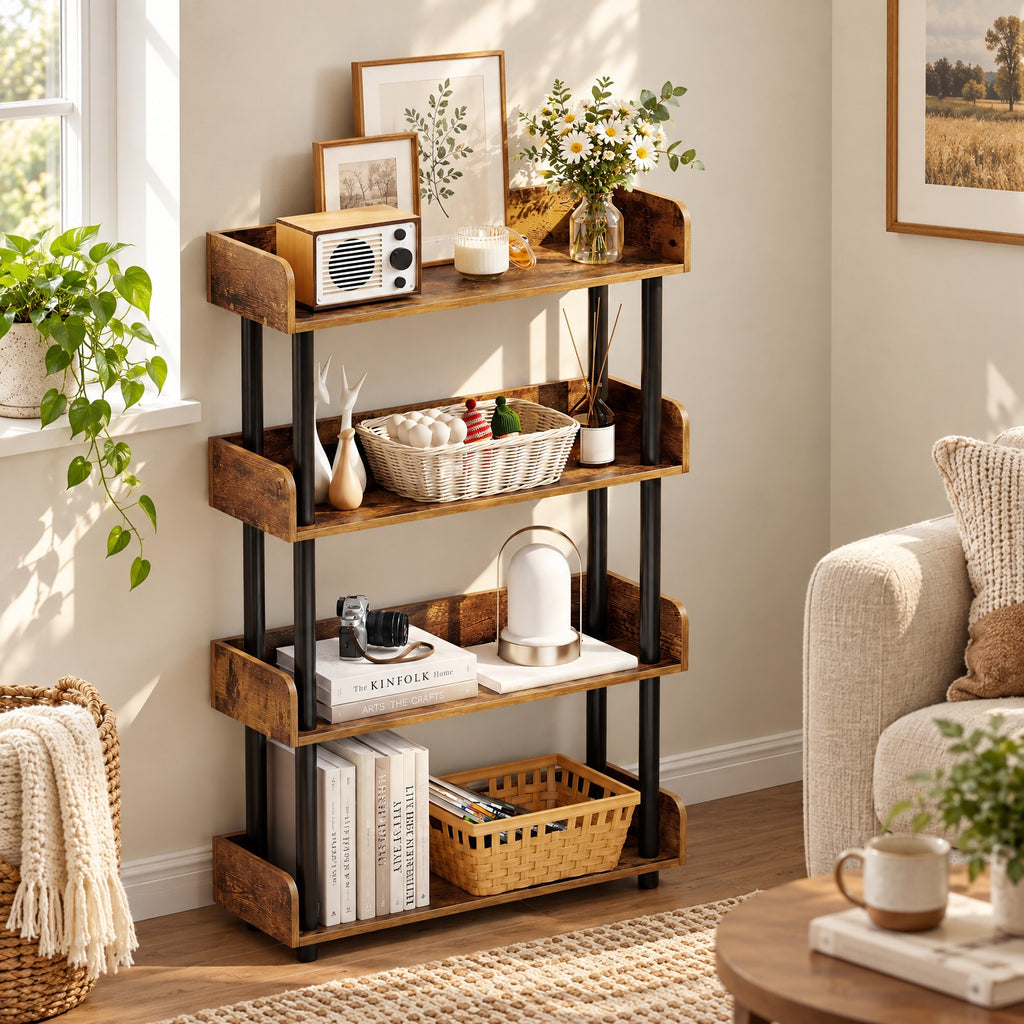 Airfind 4-Tier Bookshelf Open Bookcase with Anti-Tipping Kit Industrial Storage Unit, 33 lbs Capacity, Engineered Wood PE PP Frame, Brown