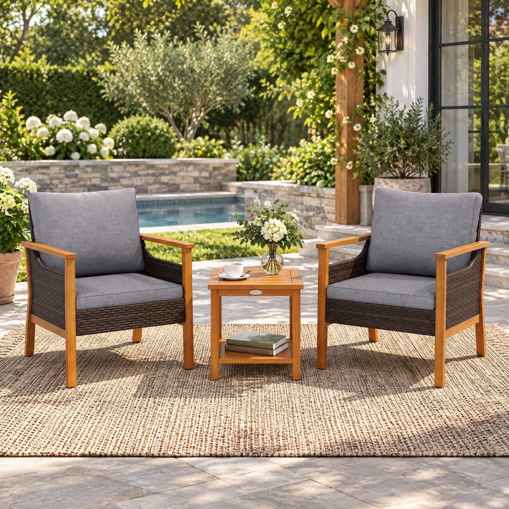 AIRFIND 3 Piece Patio Furniture Set with 2 Cushioned Chairs, Acacia Wood Frame and 2-Tier Side Table, Mix Brown PE Rattan and Gray Cushions