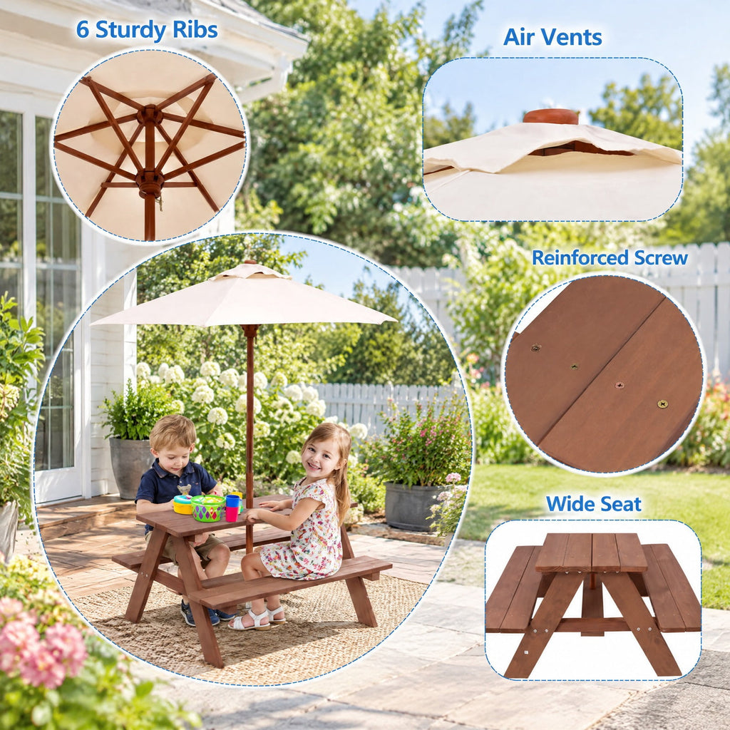 Airfind Outdoor 4-Seat Kids Picnic Table Bench with Umbrella, Fir wood polyester fabric Bench Frame, 28 x 8.5 x 13 /35 x 6.5 x 11 Footprint