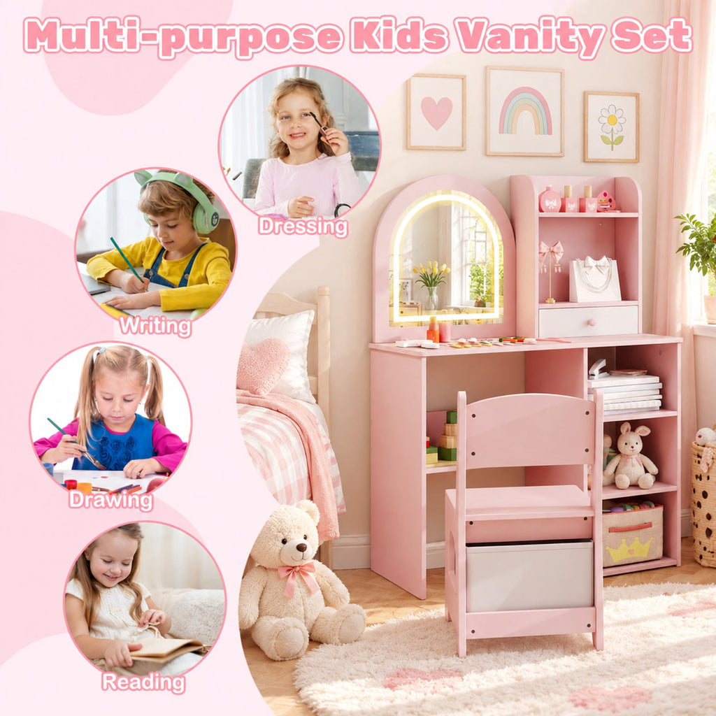 Airfind Kids Vanity Set Princess Girls Makeup Vanity Desk with Chair and 3-Color LED Lighted Mirror, 45 lbs Capacity, MDF Frame, Pink
