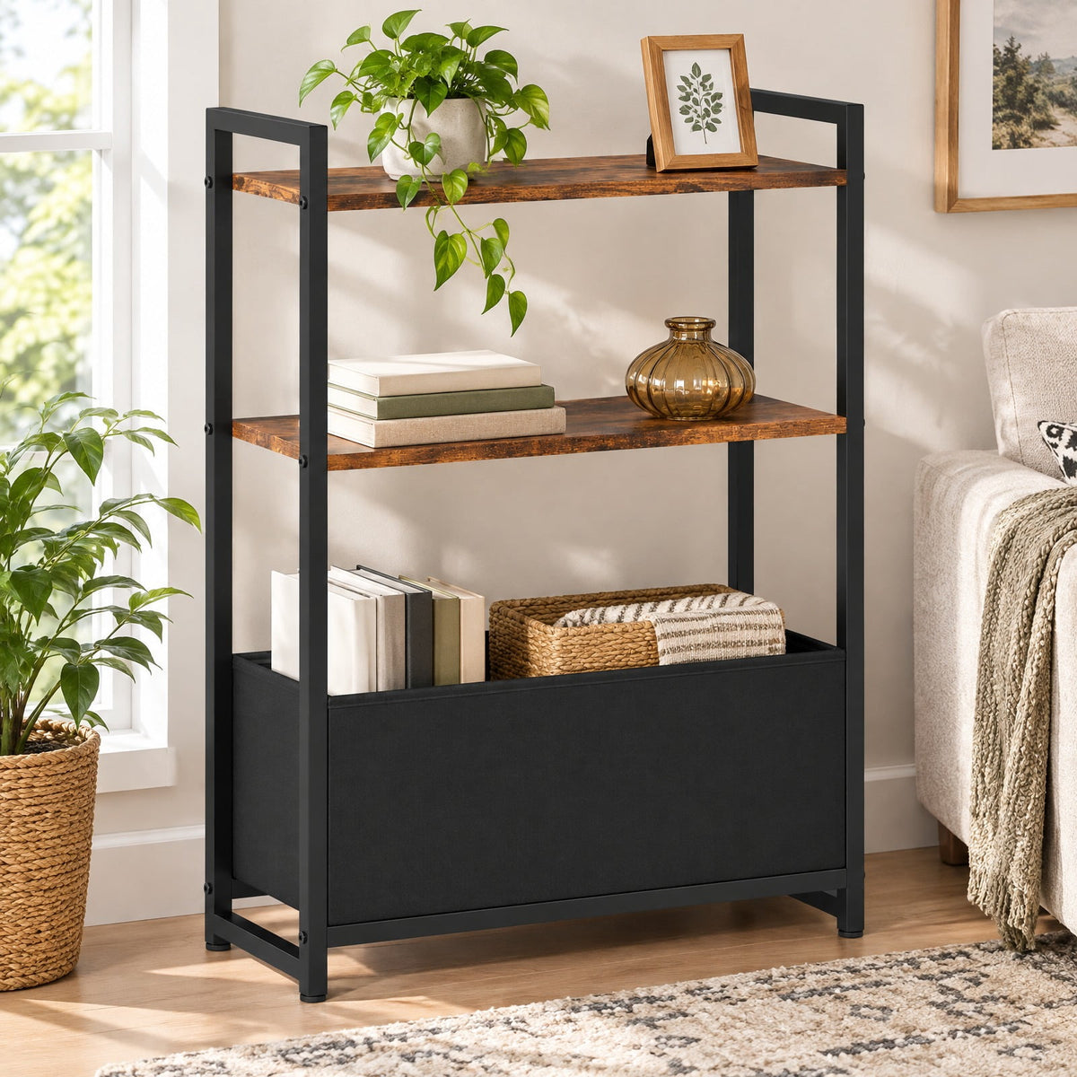 Airfind Narrow End Table with Storage Shelves and Metal Frame, 25 lbs Capacity, Engineered Wood Metal Fabric Frame, 19 x 8 x 25.5 Footprint