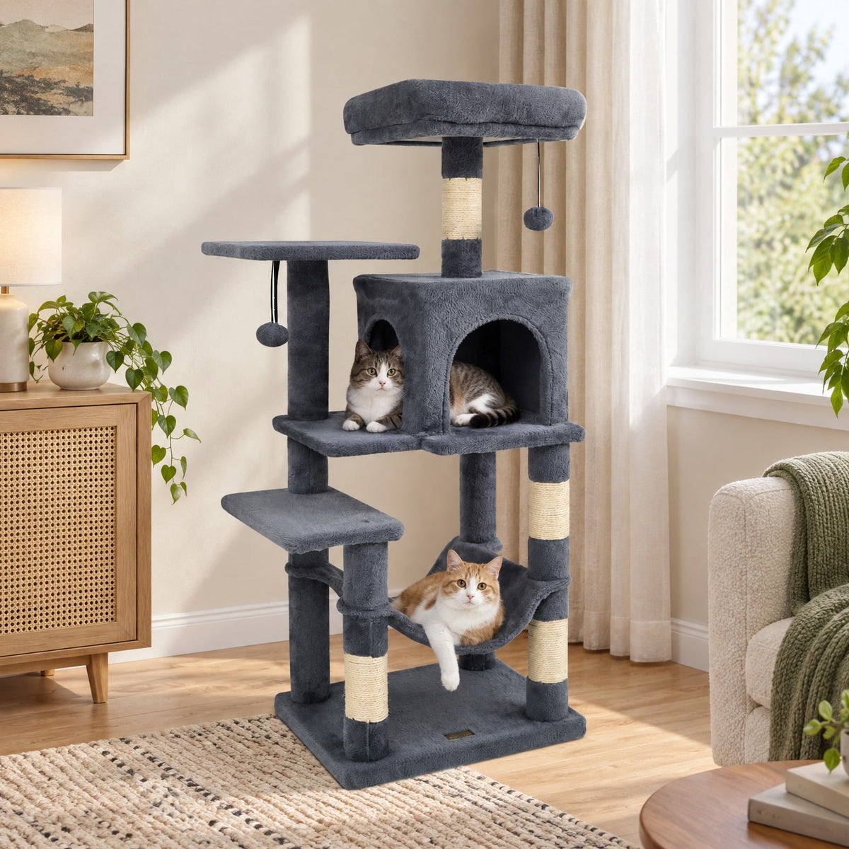Airfind Multi-Level Cat Tower with 2-Door Condo and Padded Top Perch, PP Cotton Fabric Sisal Engineered Wood Overall Height 44 Base Frame, Gray