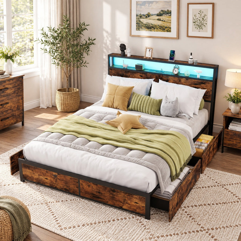 Airfind Full/Queen Size LED Bed Frame with Charging Station and 4 Storage Drawers, 81 Inch x 56 Inch x 40 Inch Inner Footprint