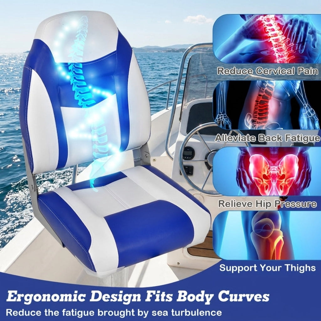 Airfind High Back Folding Boat Seat with Soft Padded Cushion and Waterproof Vinyl for Fishing and Pontoon Boats with Aluminum Hinges, Blue