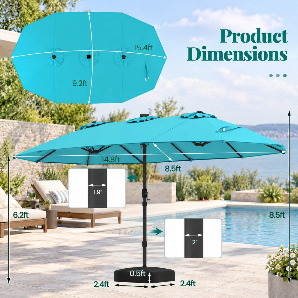 Airfind 15 Feet Double, Sided Patio Umbrella with 48 LED Lights, Turquoise, 48 LED lights are powered by a top solar panel, for Indoor and Outdoor Use