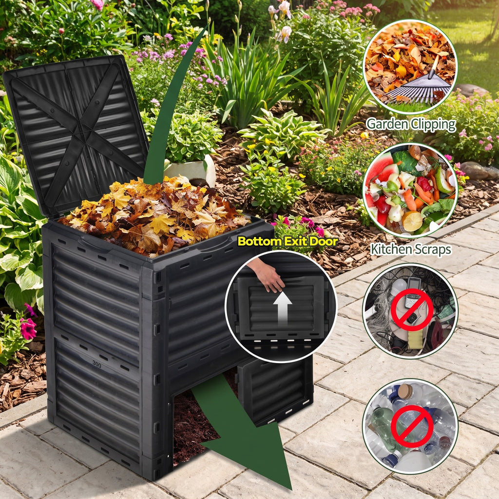 Airfind 80-Gallon Outdoor Composter with Large Openable Lid and Bottom Exit Door, PP Frame, 23.5 x 23 x 32 (L x W x H) Inner Footprint, Black